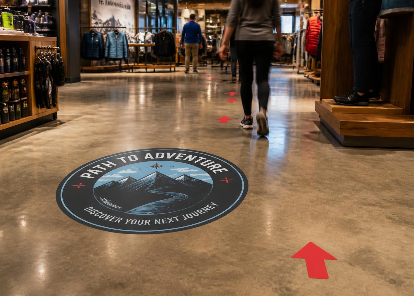 Retail store aisle with a printed circular floor decal and red directional arrows
