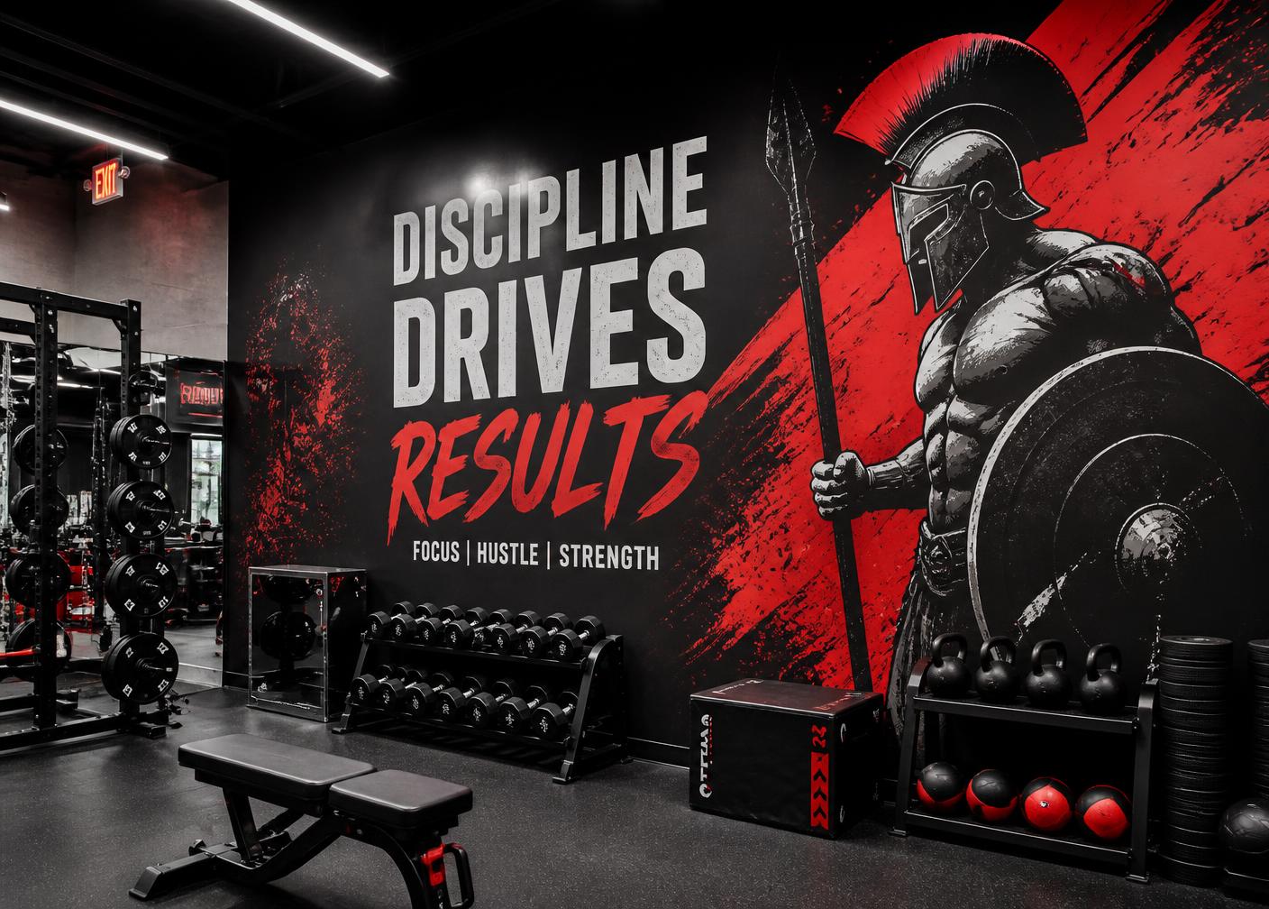 Fitness studio interior with a full-wall printed mural in black and red