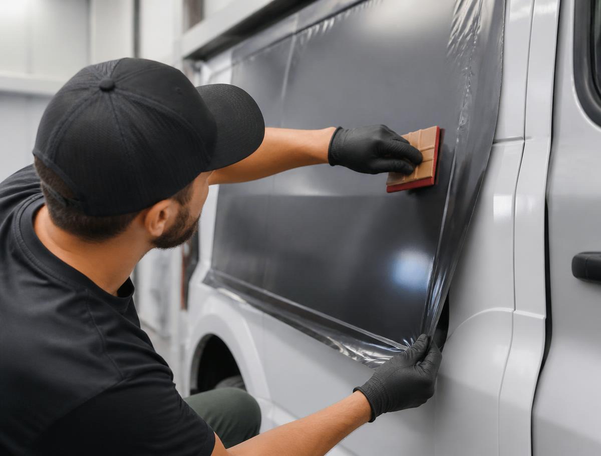 Installer applying professional wrap film to a commercial van panel at X Graphics in Houston Texas